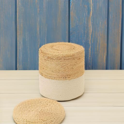 REDEARTH · Cylindrical Pouf Foot Stool Ottoman - Jute Braided Accent Sitting Footrest for The Living Room, Bedroom, Nursery, Patio, Lounge & Other Rooms in The Home (14.5”x14.5”x16”; Natural Ivory)
