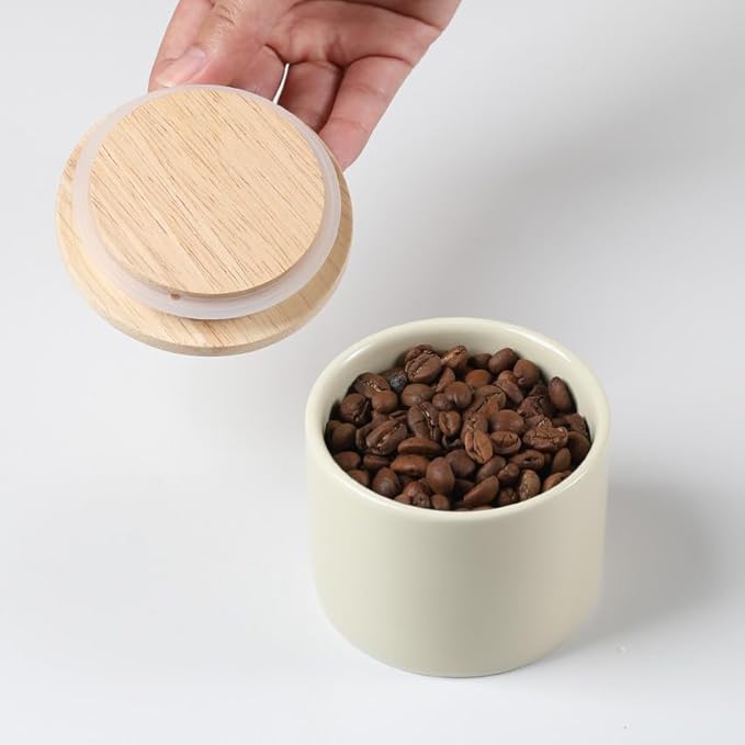 Sweejar Kitchen Canisters Ceramic Food Storage Jar, Stackable Containers with Airtight Seal Wooden Lid for Serving Ground Coffee, Tea, Sugar, Spice and More - 5 Fl Oz(Beige)