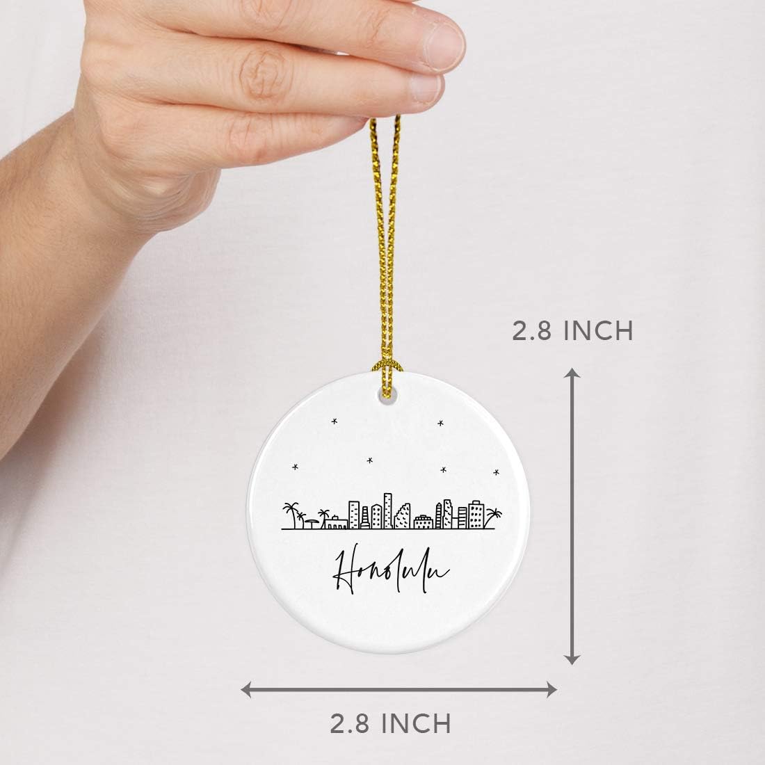 Andaz Press Round Ceramic Porcelain Christmas Tree Ornament Keepsake, Honolulu Black and White Stars City Skyline Graphic, 1-Pack, Birthday Gift Idea for Family, Coworker, Him, Her, Includes Gift Box