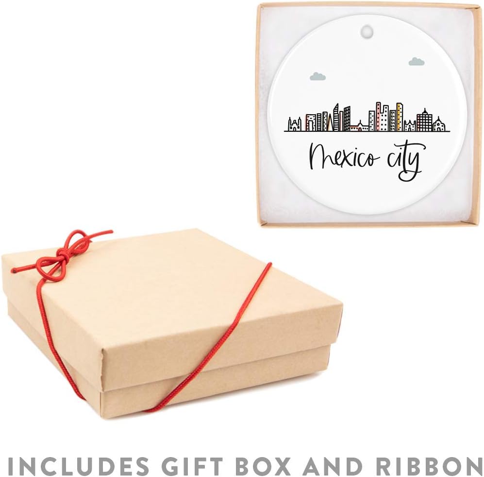 Andaz Press Round Ceramic Porcelain Christmas Tree Ornament Keepsake Gift, Mexico City, Colorful International City Skyline Graphic, 1-Pack, Birthday Family Coworker Him Her, Gift Box