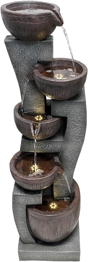 SunJet 43.7" Indoor/Outdoor Modern Water Fountain - 5-Tiers Garden Cascading Fountain with Lights & Pump - Curve Shape Floor-Standing Waterfall Feature for Home Deck, Patio, Porch, Yard Decor