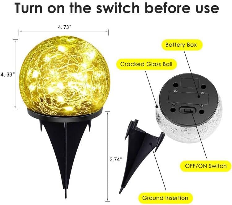Solar Garden Lights, 2 Pack 60 LED Cracked Glass Solar Globe Lights Outdoor Decoration, Upgraded Waterproof Warm White LED Lights for Yard Pathway Patio Lawn Christmas Outside Decor, 4.73"