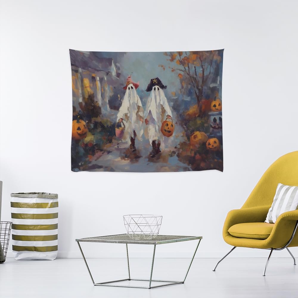 Funny Halloween Ghost Tapestry Wall Hanging Cute Kids Nursery Room Decor Trick or Treat Art Print Goth Fall Pumpkin Ghost Tapestries for Living Room Bedroom wall Decor 60x80inch