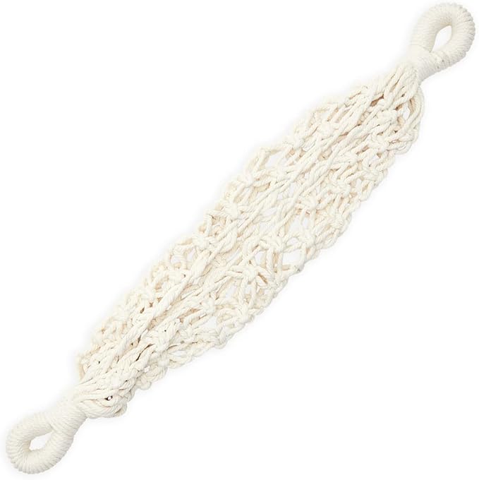 Okuna Outpost Macrame Hanging Fruit Basket Hammock for Kitchen - 6 x 25 x 15 in - White Cotton Modern - Under-Cabinet Storage with 2 Hooks for Bananas