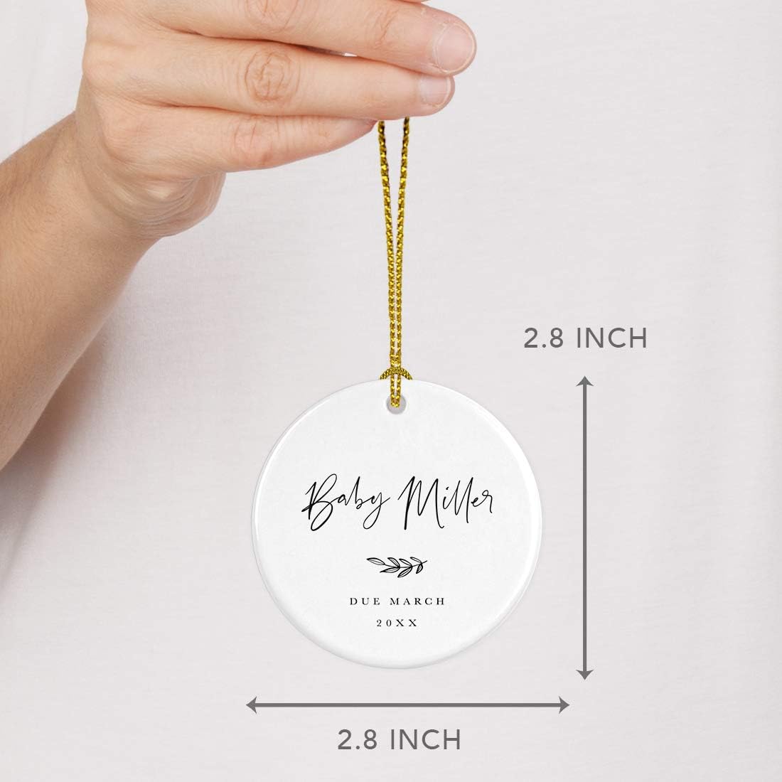 Andaz Press Personalized Round Ceramic Porcelain Christmas Tree Ornament Keepsake Collectible Gift for New Baby, Baby Miller Due March 2024, Antique Handdrawn, 1-Pack