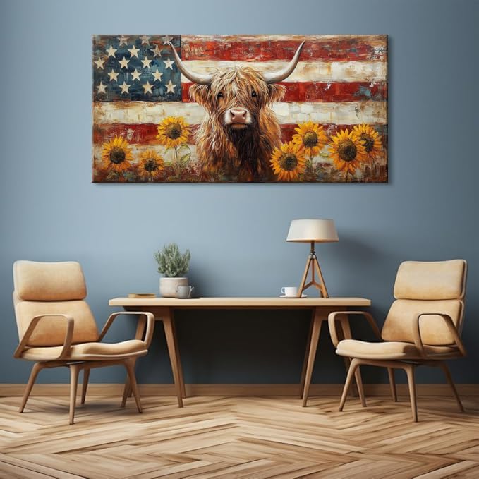LASMOND Country Highland Cow Wall Art for Living Room Rustic Retro Vintage American Flag Sunflower Canvas Painting Prints Highland Cattle Artwork Farmhouse Bedroom Office Decor (46x23 Inches)