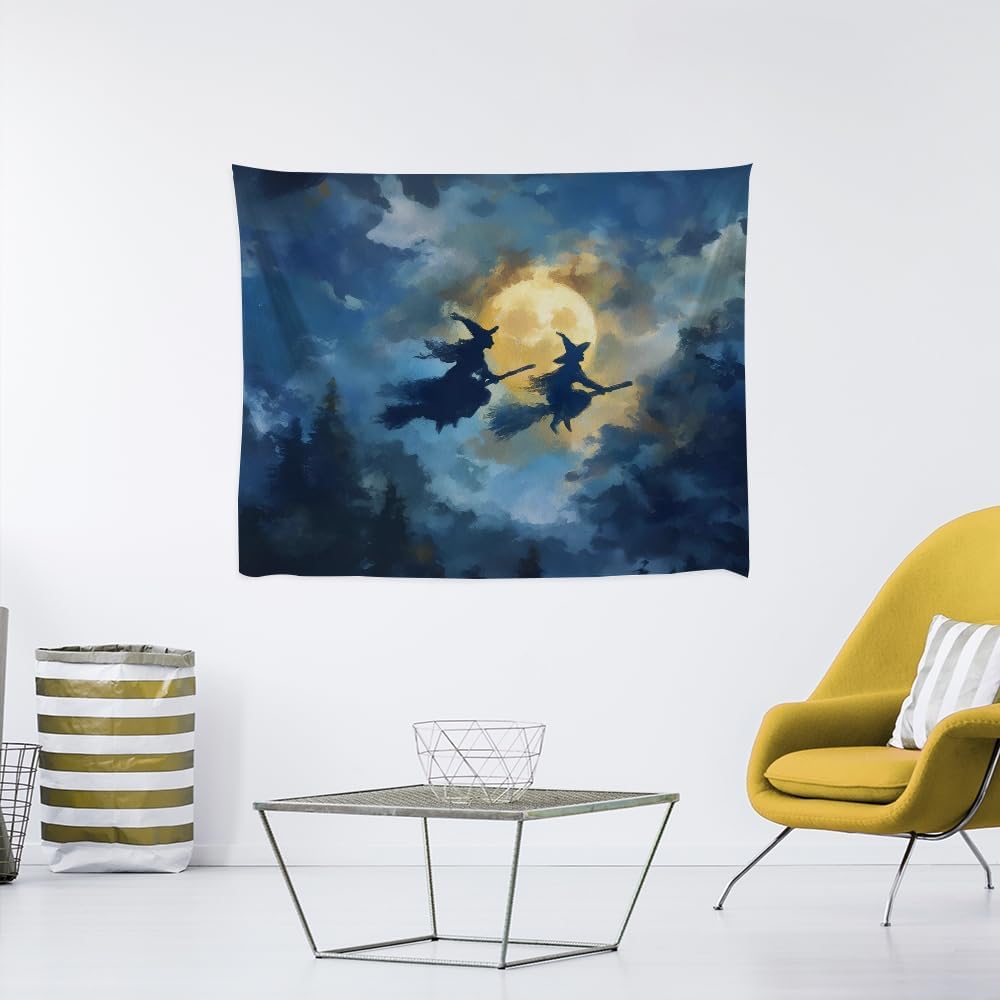 Spooky Halloween Witch Tapestry Wall Hanging Dark Fantasy Night Sky Aesthetic Print Flying Witches Under Full Moon Tapestries Horror Ghost Halloween Party Decor for Living Room Bedroom 60x80inch