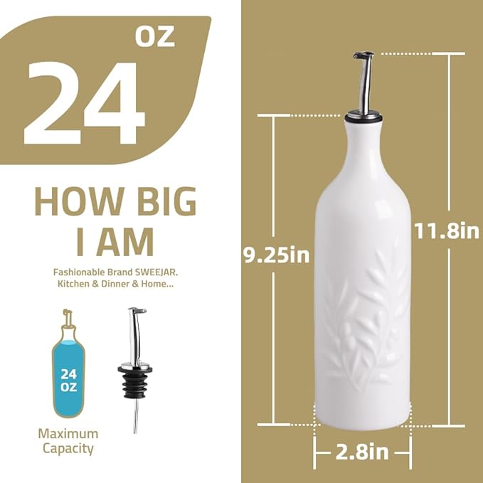 Sweejar Large Ceramic Olive Oil Dispenser Bottle, 24 Oz Relief Opaque Oil Cruet Protects Oil To Reduce Oxidation, Storage Vinegar, Soy Sauce, Coffee Syrup, Liquids, Set of 1 (Beige)