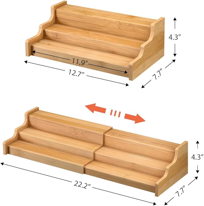 Spice Rack Kitchen Cabinet Organizer- 3 Tier Bamboo Expandable Display Shelf Yellow