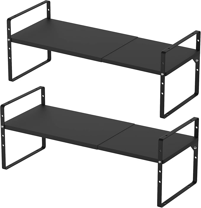 iPEGTOP Expandable Cabinet Storage Shelf Organizer Rack, Heavy Duty Steel Metal Spice Rack Adjustable Height Home Office Garage Pantry Shelves for Counter Kitchen Organization, Black, 2 Pack
