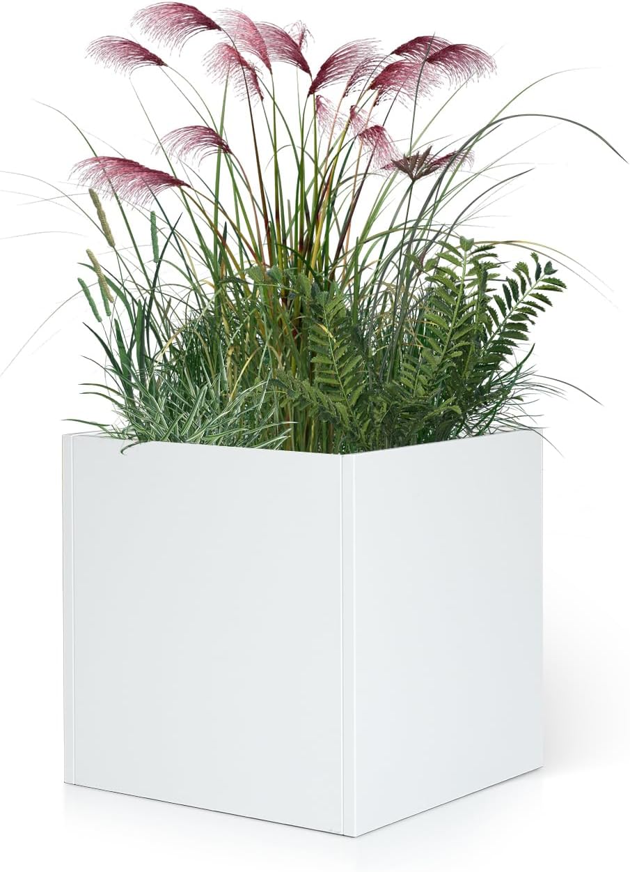White Outdoor Planter Square Steel Planters Galvanized Steel Planter Box Indoor Metal Large Planters Cube Heavy Duty Flower Pot 20 Inch Modern Commercial Residential for Trees Patio Deck Yard Garden
