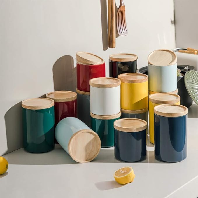 Sweejar Kitchen Canisters Ceramic Food Storage Jar, Stackable Containers with Airtight Seal Wooden Lid for Serving Ground Coffee, Tea, Sugar, Salt and More - 28 Fl Oz (Red)