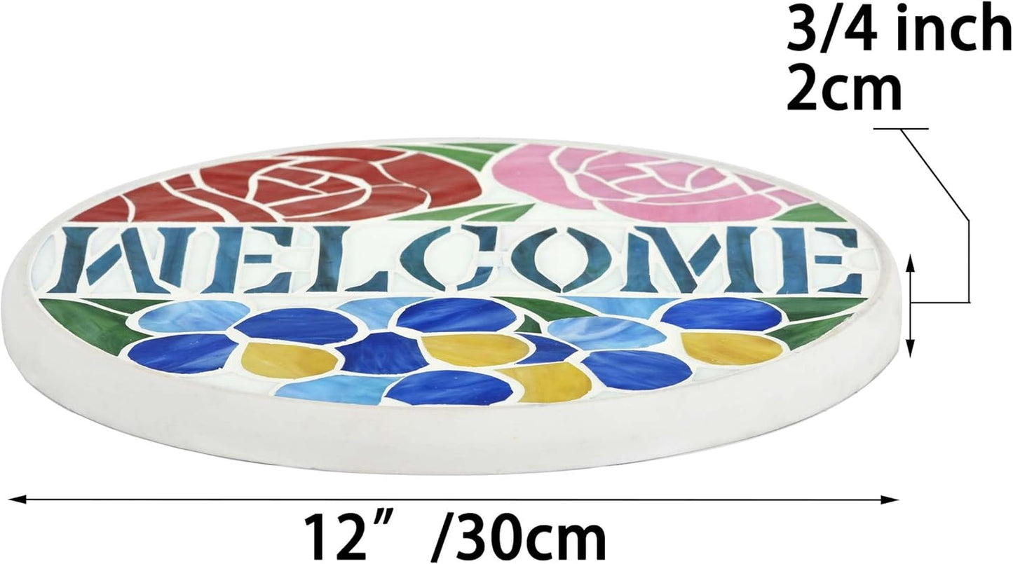 Bieye MSS002 Rose Flowers Tiffany Style Stained Glass Mosaic Decorative Stepping Stone for Garden Decor (12" Round, Welcome Sign)