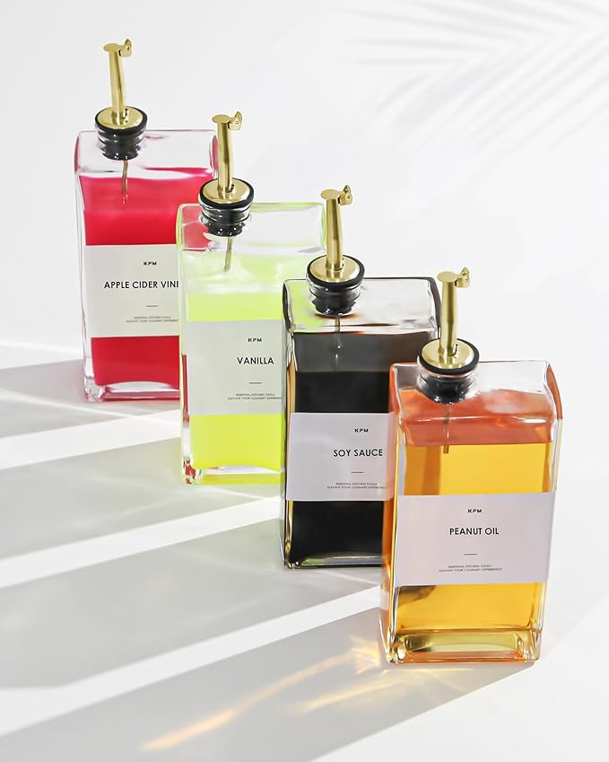 Olive Oil Dispenser For Kitchen, Glass Oil Bottle 500ML Oil And Vinegar Dispenser Set Of 4 with 4 Stainless Steel Pourers & 88 Labels, Soy Sauce Dispenser, Coffee Syrup Bottles