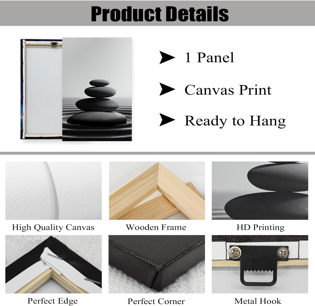 DOARTDO Zen Stone Canvas Wall Art Black and White Spa Stones Picture Print Modern Meditation Spirit Bathroom Decor Frame (12.00" x 18.00", Zen Stone - 1)