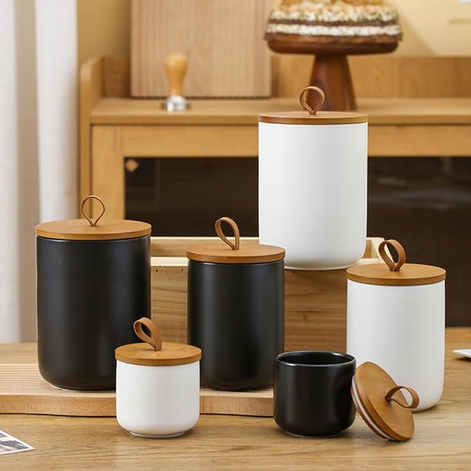 Ceramic Storage Jars, Modern Elegant Highly Polished Airtight Gorgeous Storage Canisters with Wooden Lid Small Food Stroage Jar for Kitchen Spice Tea Vanilla Sugar Coffee Beans (Black tuba)