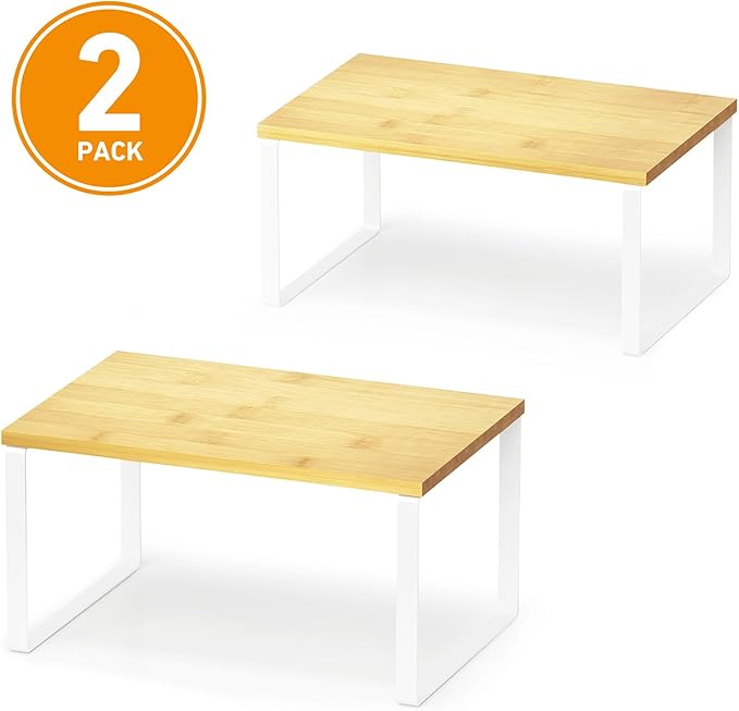 SpaceAid Cabinet Shelf Organizers 2 Pack, Kitchen Counter Rack Shelves Riser, Stackable Expandable Spice Rack, Pantry Cupboard Storage Organization (White and Natural, Short)