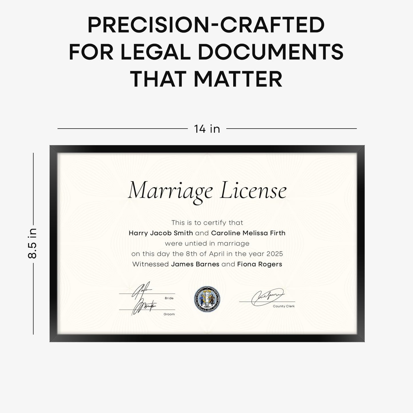 Homeforia 8.5 x 14 Marriage License Frame Black, High End Metal 8.5x14 Marriage Certificate Frames, 14x8.5 Picture Frame for Wall & Tabletop, 8.5 by 14 Photo Frames, Tempered Glass, Wall Kit, Set of 1