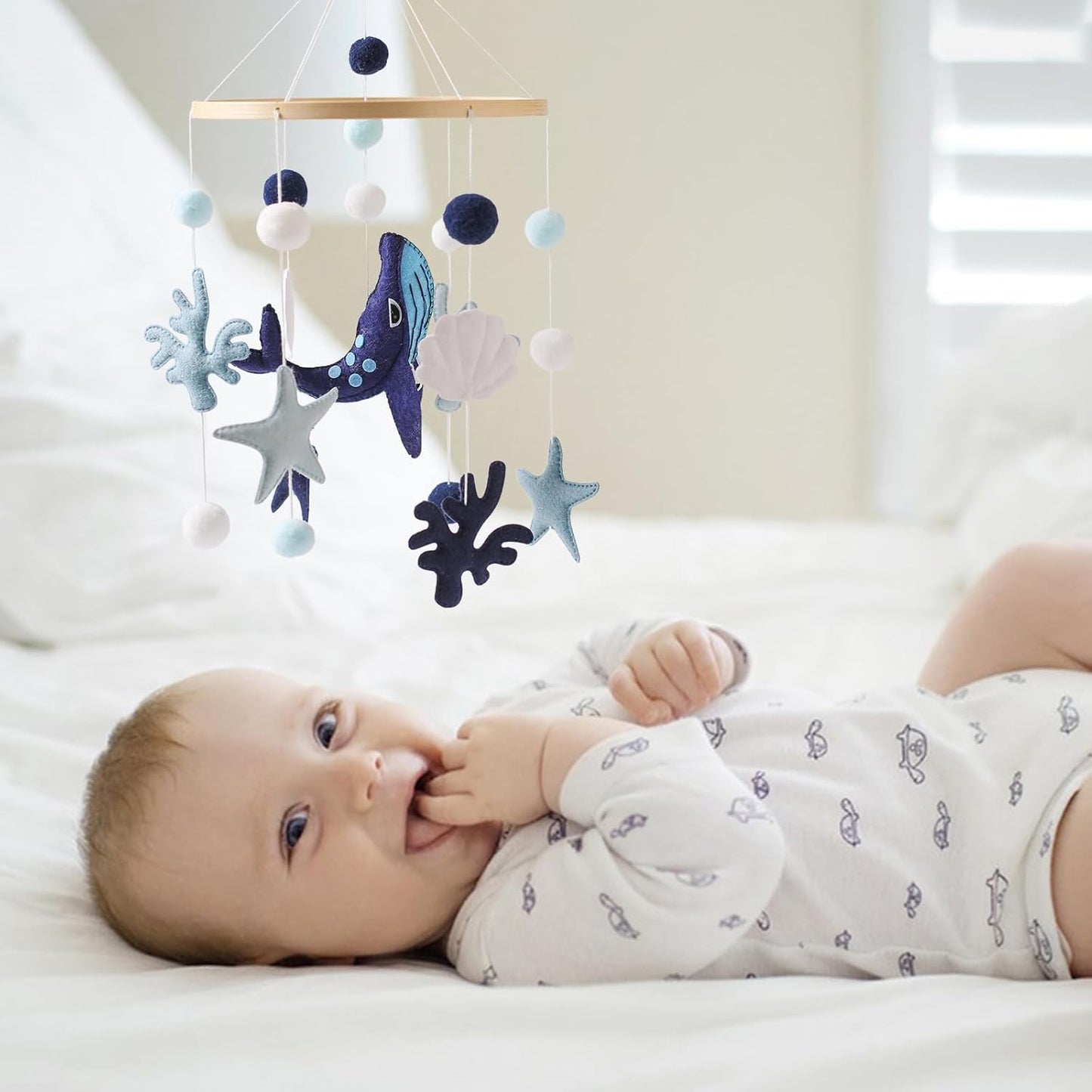 Baby Crib Mobile for Boys Girls - Ocean Animals Mobile for Crib, Gender Neutral Nursery Mobile, Baby Bassinet Mobile Toy for Soothing Sleep | Ceiling Mobile - Blue Whale, Shell, Coral, Starfish