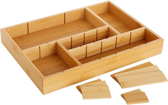 Juvale Drawer Organizer Tray - 14 x 10 x 2 In Brown Bamboo - 8 Adjustable Dividers for Custom Storage - Silverware & Utensil Organizer - Desk Drawer Divider - Versatile Wooden Divided Tray