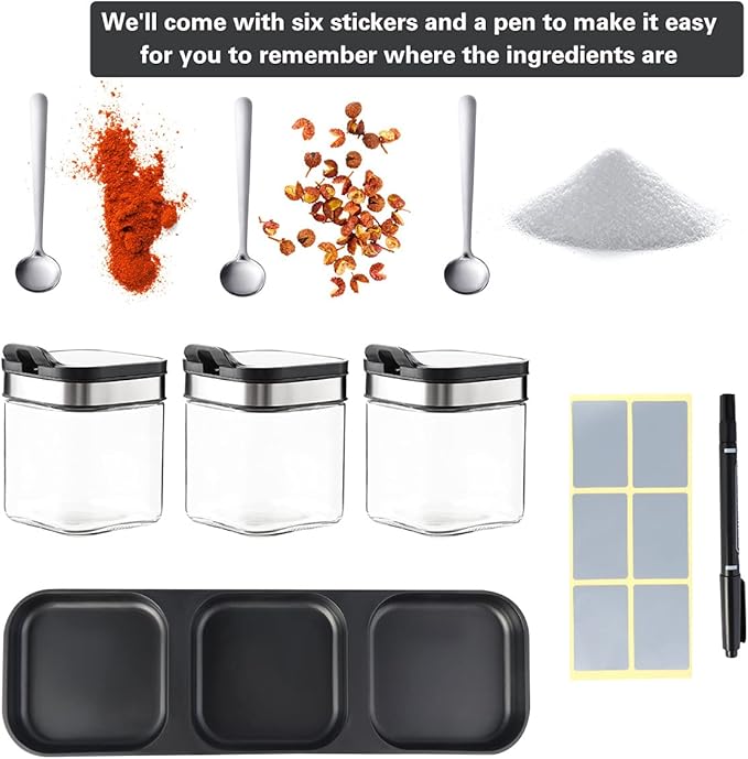 XIUDI Condiment Seal Jar Spice Container with Lids and Spoons,Clear Glass Condiment Canisters Pots Seasoning Box Salt Container Sugar Bowl Set of .Used in Kitchen, Coffee Table,Set of 3