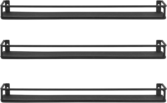 MyGift Set of 3 Wall-Mounted Black Metal Nail Polish and Essential Oils Display Shelves, Kitchen Spice Jars Rack