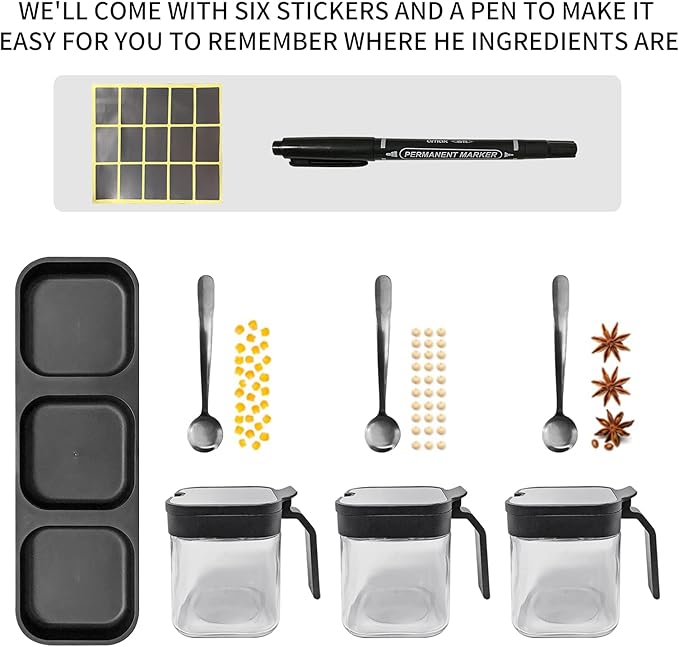 XIUDI Glass Spice Jars(3 piecesset),Seasoning Containers with 304 Stainless Steel Lids and Spoons,Clear Glass Condiment Canisters Pots Seasoning Box Salt Container Sugar Bowl,for Kitchen,