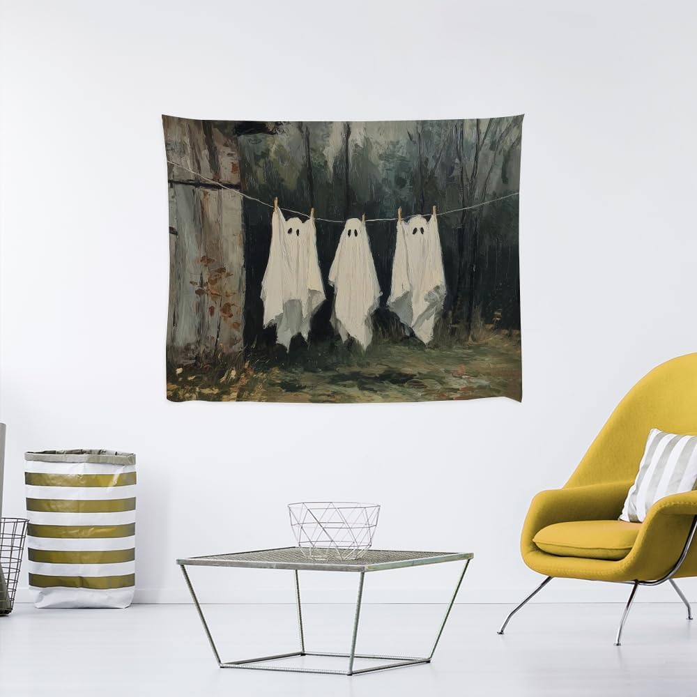 Vintage Halloween Tapestry Funny Ghosts on Clothesline Tapestry Wall Hanging Farmhouse Gothic Room Decor Spooky Ghost Prints for Dark Academia Halloween Party House Decoration Tapestries 40x60inch
