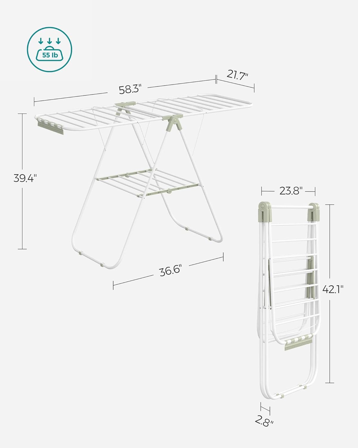 SONGMICS Clothes Drying Rack, with Sock Clips, Metal Laundry Rack, Foldable, Space-Saving, Free-Standing Airer, with 2 Height-Adjustable Gullwings, Indoor Outdoor Use, White and Green ULLR052C01