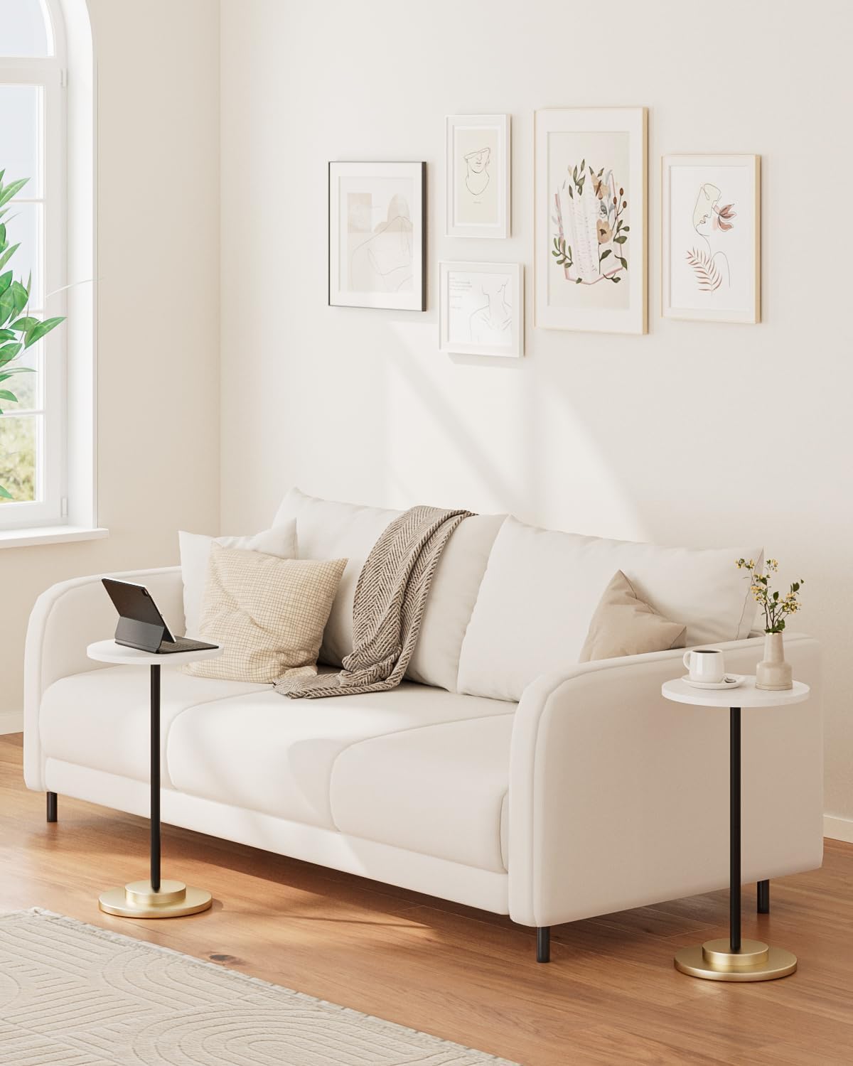 Masupu Drink Table, Round Side Table for Small Spaces, Pedestal Side Table, Small End Table with Metal Base, for Living Room, Bedroom, Bathroom, White