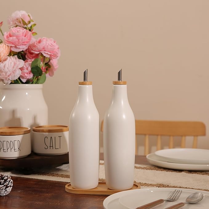 HOMCDALY Ceramic Olive Oil Dispenser for Kitchen, Stoneware 16oz Oil and Vinegar Bottles Dispenser, Kitchen Dispenser Bottle for EVOO Vinegar Syrups, Modern Farmhouse Design(W)