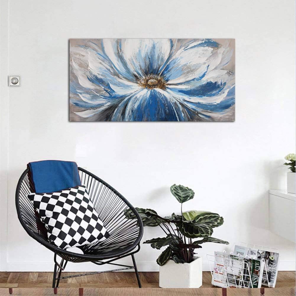 Flower Canvas Wall Art for Living Room Large White Blue Flower Picture Giclee Print Painting Wall Decor Framed Artwork Ready to Hang for Home Bedroom Wall Decoration Size 24x48