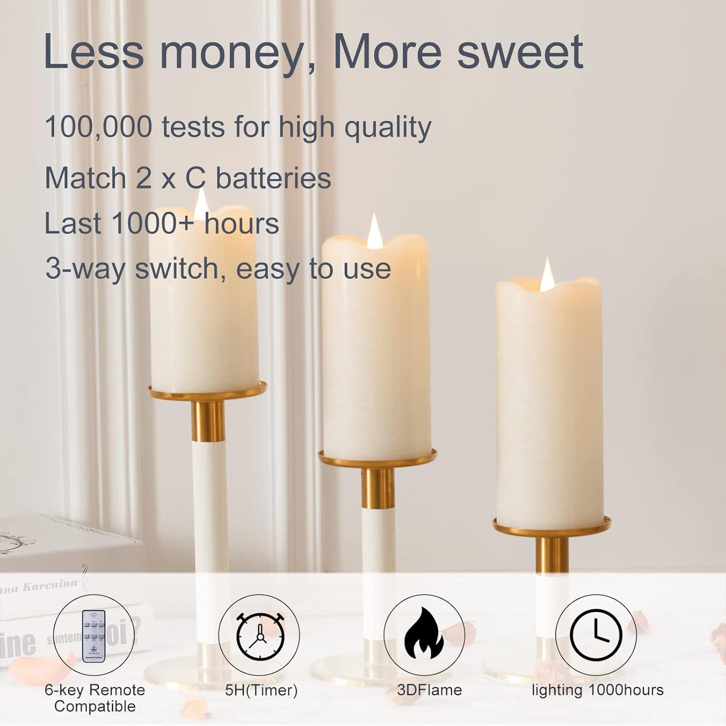 Flickering Flameless Candles with 3D Moving Flame Set of 3(H 5" 6" 7" x D 3"), Last 1000+ Hours Battery Operated Candles with Remote Timer, Ivory Real Wax Electric LED Pillar Candles