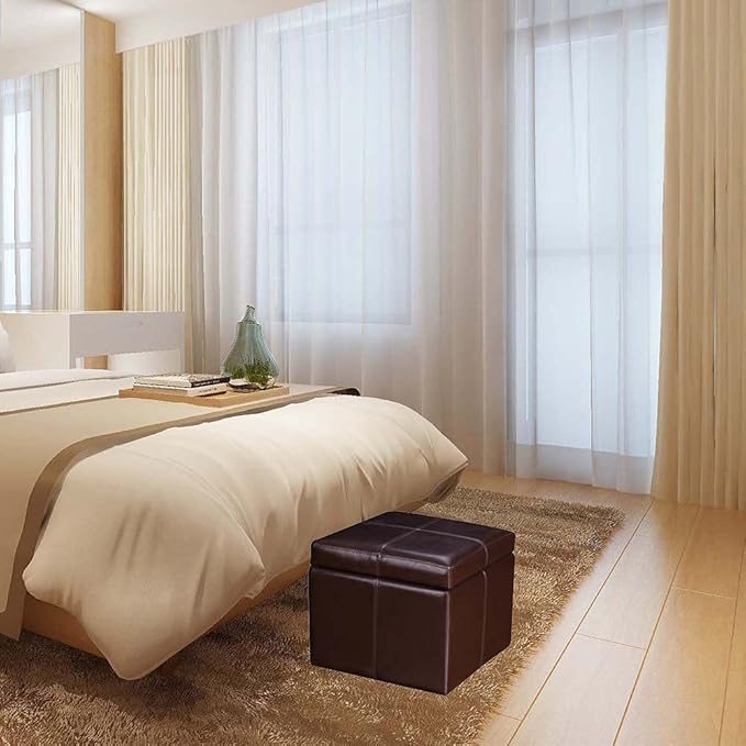 Adeco 17.7" Leather Cube Storage Brown Ottomans for Living Room