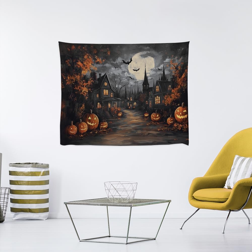 Spooky Halloween Tapestry Haunted Home Bats Pumpkin Tapestry Wall Hanging Dark Academia Fall Full Moon Decor Gothic Ghost Tapestries for bedroom Living Room Decoration 70x90inch