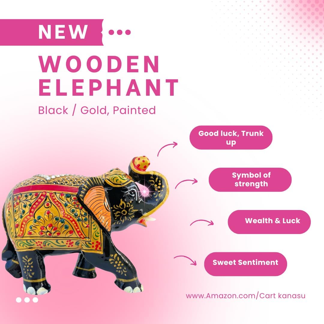 Handcrafted Wooden Elephant Figurine โ Traditional Artwork, Gold & Gemstone Embellishments โ Lucky Decorative Elephant Statue for Prosperity | Beautiful Elefantes Decorativos para Sala (Black & Gold)