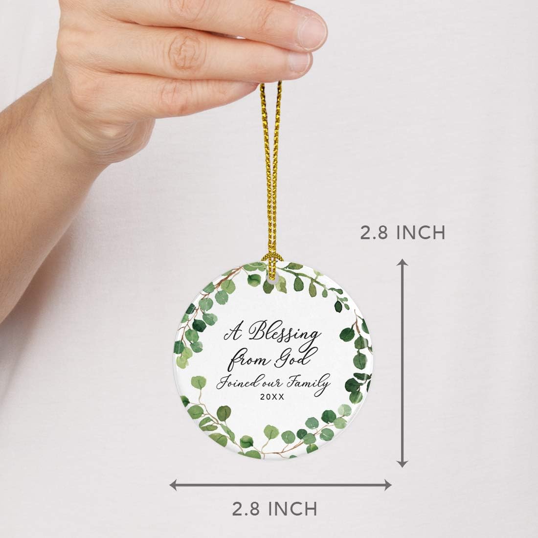 Andaz Press Custom Year Round Ceramic Porcelain Christmas Tree Ornament Keepsake Collectible Gift, A Blessing from God Adopted 2025, Farmhouse Eucalyptus Wreath, 1-Pack