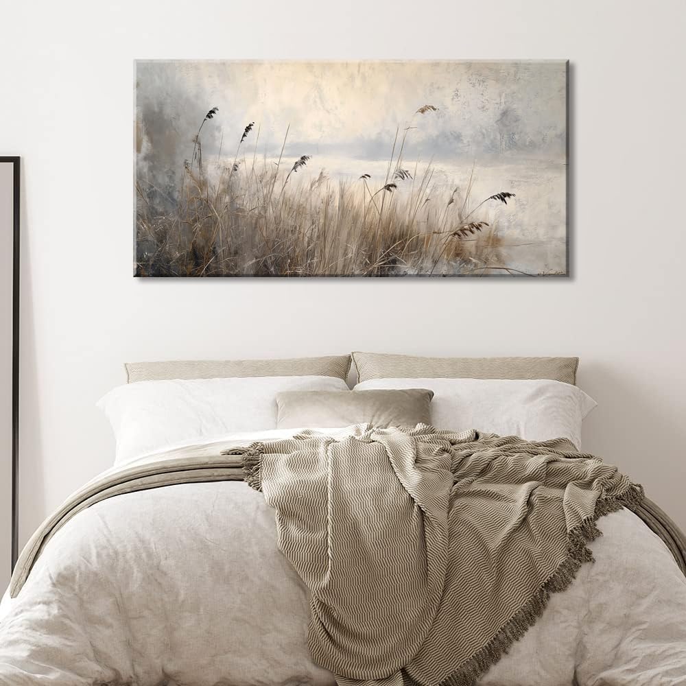 LASMOND Vintage Meadow Wall Art for Living Room Reed Grass Canvas Painting Prints Large Retro Rustic Cottagecore Countryside Landscape Farmhouse Bedroom Artwork Home Decor (58x28 Inches)