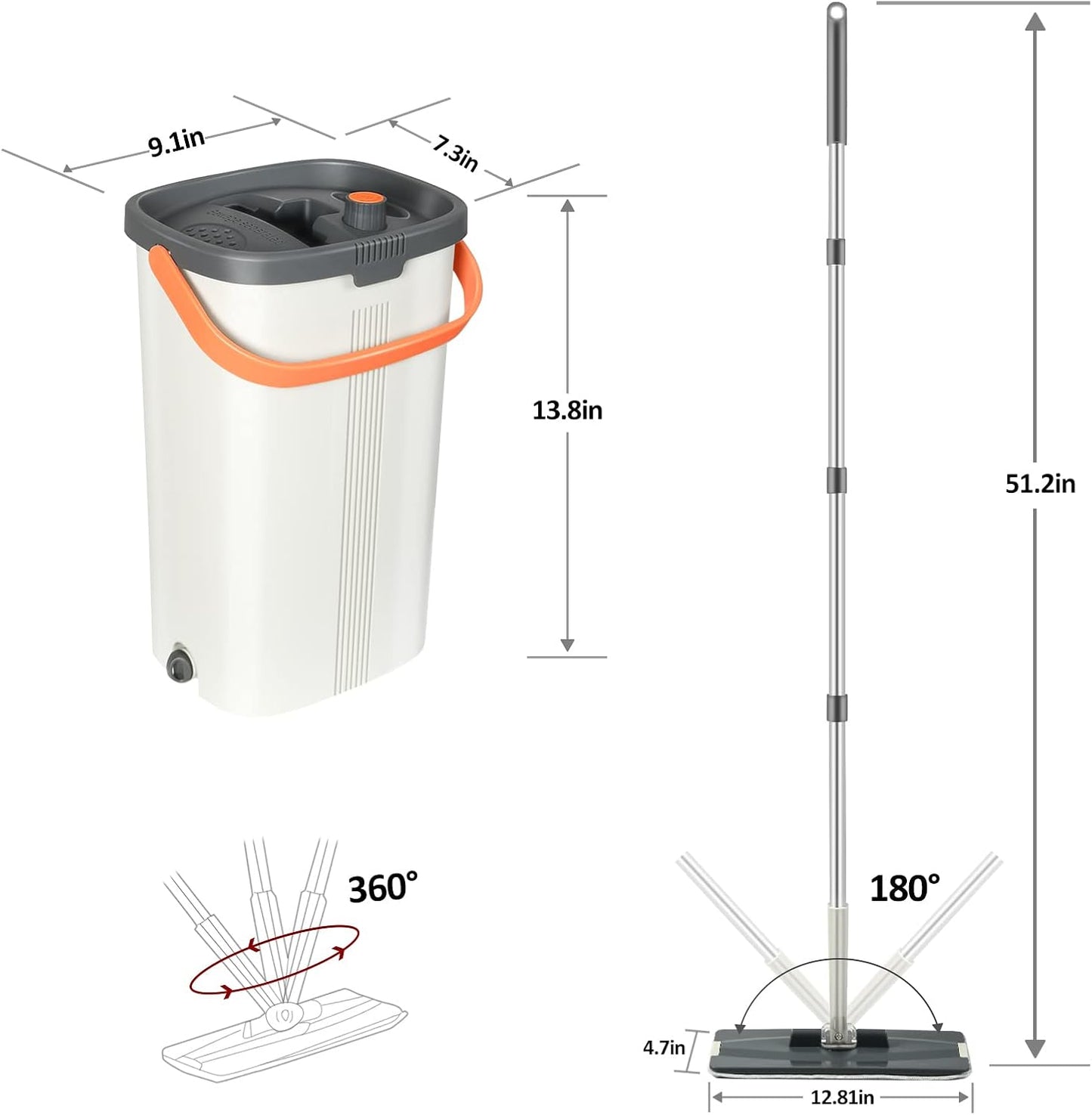 Jelymark Flat Mop and Bucket with Wringer Set, Separates Dirty and Clean Water, 3-Chamber Mop Wet and Dry Use, Not-Hands Squeeze Mops for Floor Cleaning, 8 Reusable Microfiber Mop Pads Included