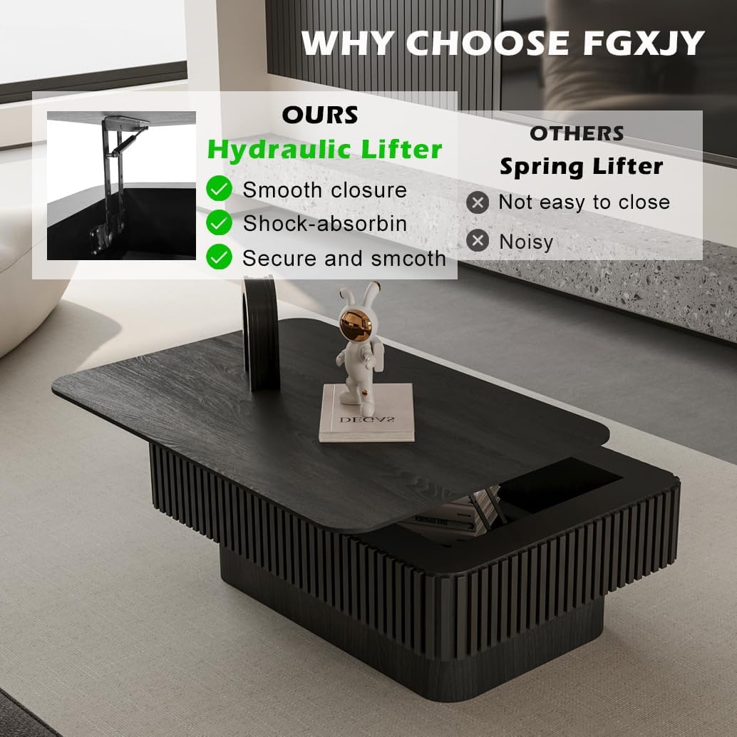 Lift Top Coffee Table with Storage, Solid Wood Coffee Table with Adjustable Height, Fluted Center Table Accent Tea Table for Living Room, Apartment, Office (38.6" Black)