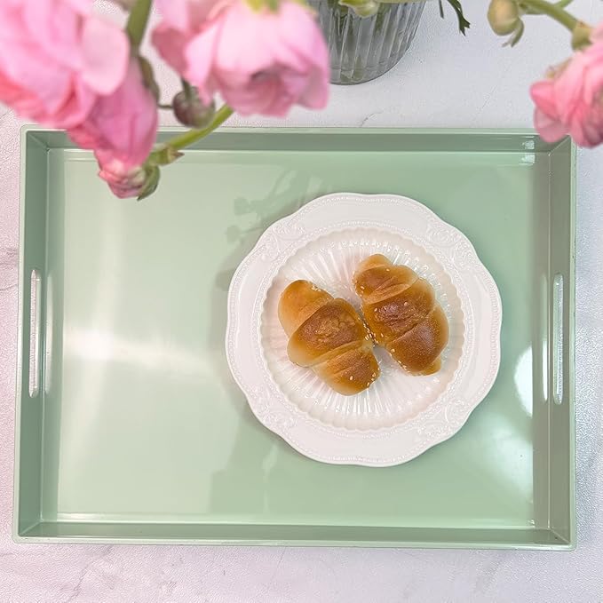 Turquoise Green Decorative Tray, Rectangular Large Serving Tray with Handles, Plastic Coffee Table Tray for Ottoman, Living Room, Kitchen Tabletop,15.7” x 11.8” x1.6”