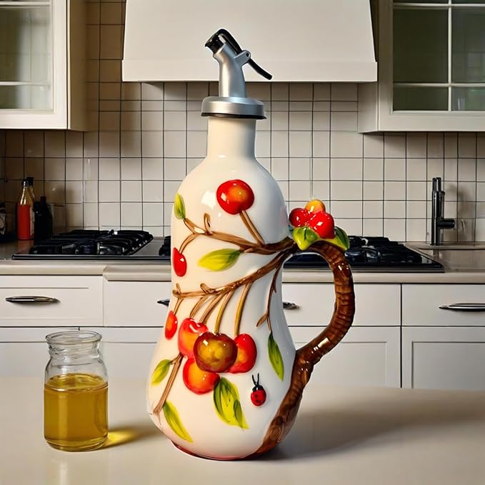 18 Oz Hand Painted Relief Ceramic Olive Oil Bottle Dispenser for Kitchen, Oil and Vinegar Bottle, Seasoning Bottle with Stainless Steel Nozzle, 540mL Oil Container with Handle for Cooking, Light Proof