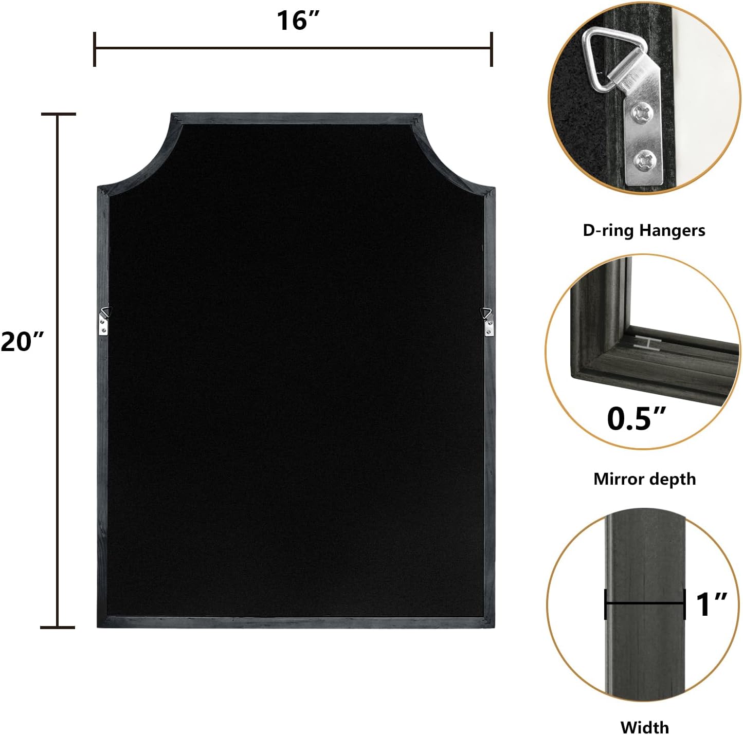 WallBeyond Scalloped Wood Mirror for Wall Decor 16x20 Inch Black Small Bathroom Vanity Rectangle Mirror for Hallway Bedroom Living Room(Black)