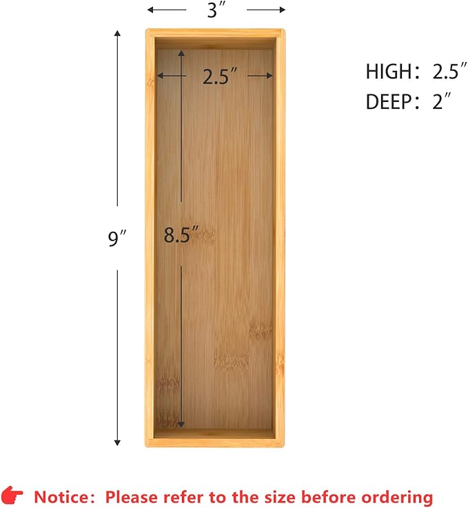 Bamboo Kitchen Drawer Organizer, Wooden Storage Box for Utensil Organizer Silverware Tray Cutlery Holder Flatware Containers - Multi-Use Deep Drawer Dividers Organizer for Bathroom, Jewelry, 9"3"2.5"