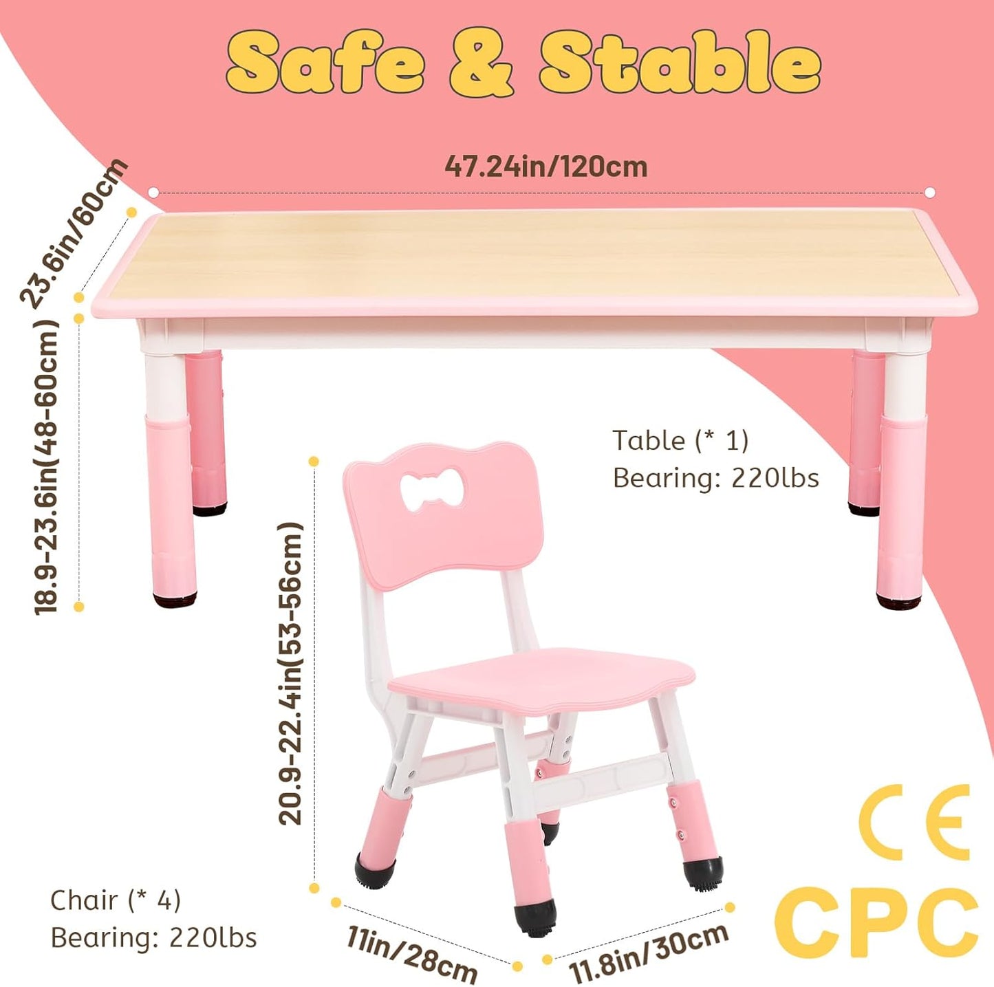 FUNLIO Kids Table and 4 Chairs Set for Ages 3-8, Height Adjustable Toddler Table and Chair Set, Easy to Wipe Arts & Crafts Table, for Classrooms/Daycares/Homes, CPC & CE Approved (5 pcs Set) - Pink