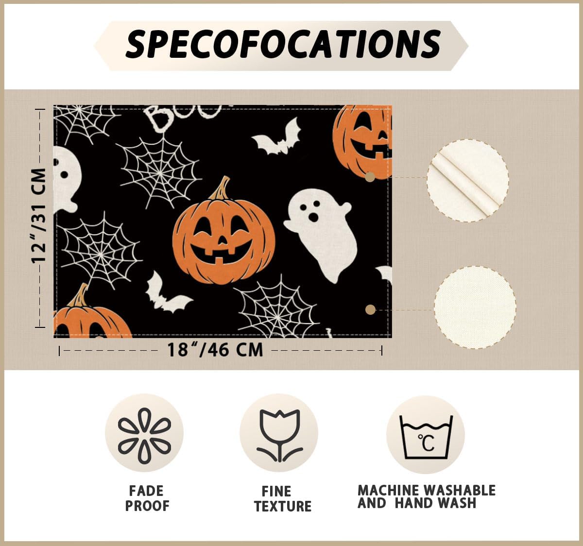 XCHI BOO Spooky Ghost Pumpkin Halloween Cloth Placemats Set of 8 Table Mats Table Decorations 12x18 Inch