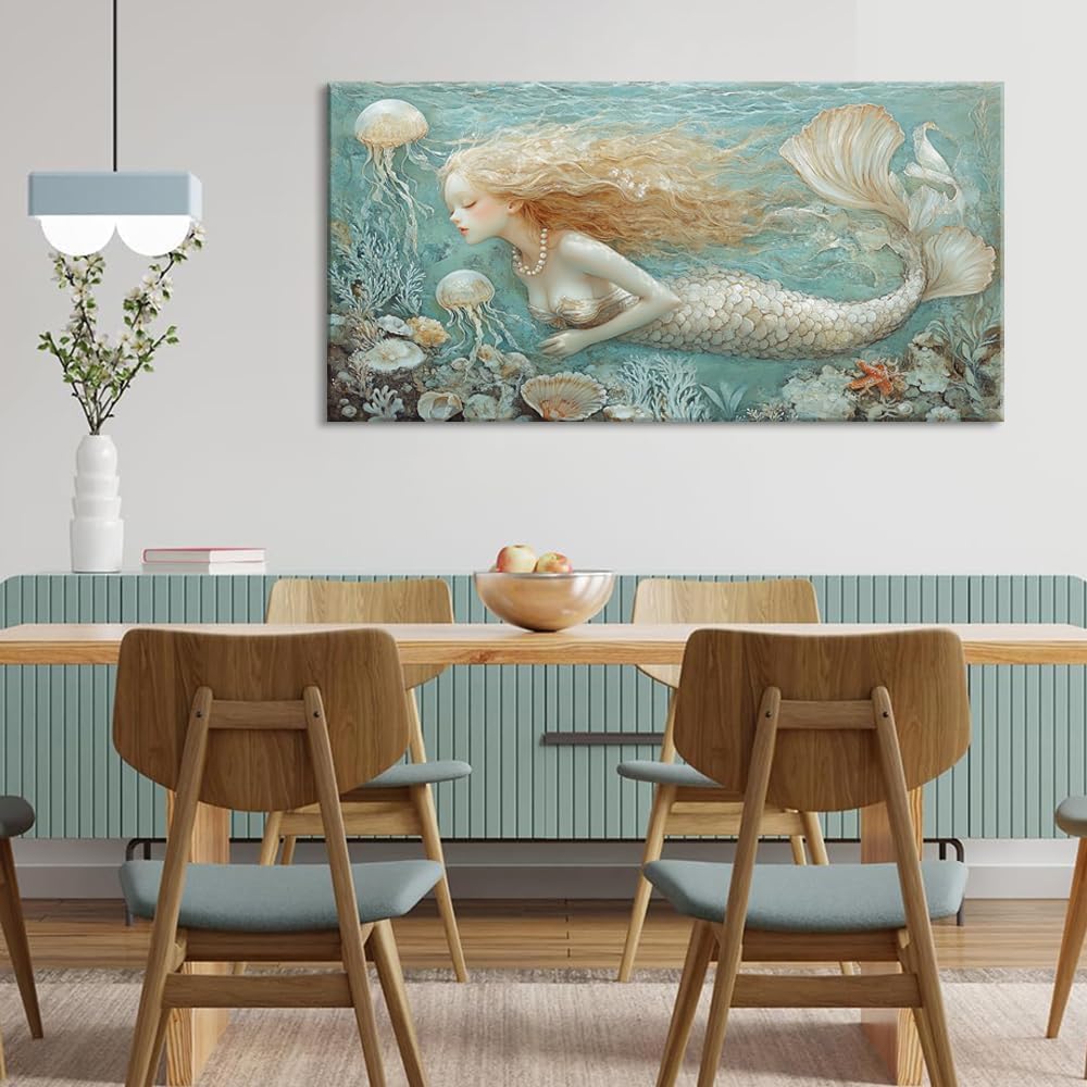 LASMOND Ocean Mermaid Wall Art for Girls Room Modern Canvas Prints Marine Organism Underwater World Sea Creatures Artwork Paintings Women Bedroom Wall Decor (30x16 Inches)