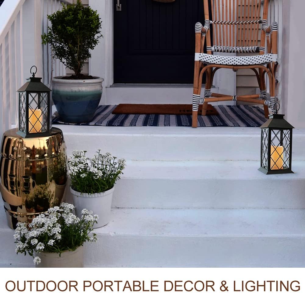 Bright Zeal 2-Pack 13.5" Vintage Candle Lantern with LED Pillar Candle (Black, 6hr Timer) - IP44 Waterproof Battery Powered Candle Lantern - Outdoor Patio Hanging Lantern Decorative Tabletop Lantern