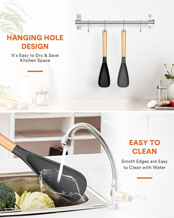 Cooking Spoon for Nonstick Cookwares, Great for Cooking and Serving Sturdy BPA-Free Matte Silicone, Wood Handle Spoon for Mixing, Scoop, and Scrape (Black & Grey, 13.4 inch)