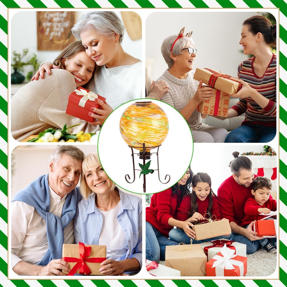 10" Diameter Solar Gazing Ball and 8.5" Metal Stand Indoor Outdoor Garden Ornament Glass Globe Sphere Yard Art Gazing Globe for Garden,Home,Lawn,Porch,Patio Birthday Gift for Women(Orange)